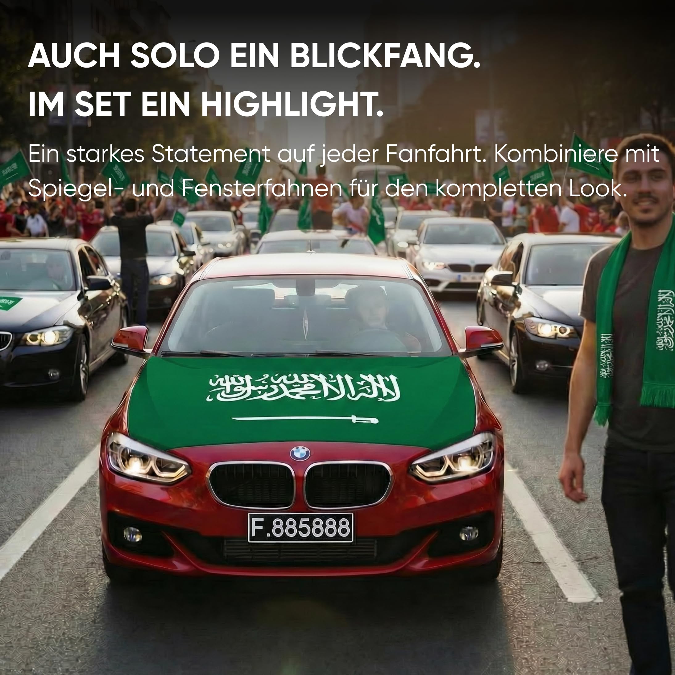 Auto Fahnen Saudi-Arabien Komplett Set - Motorhaubenfahne, 2 Autofahnen Fenster & 2 Außenspiegelfahnen, Fußball Fanartikel FZG für EM & WM, Saudische Flagge Fahrzeug Deko
