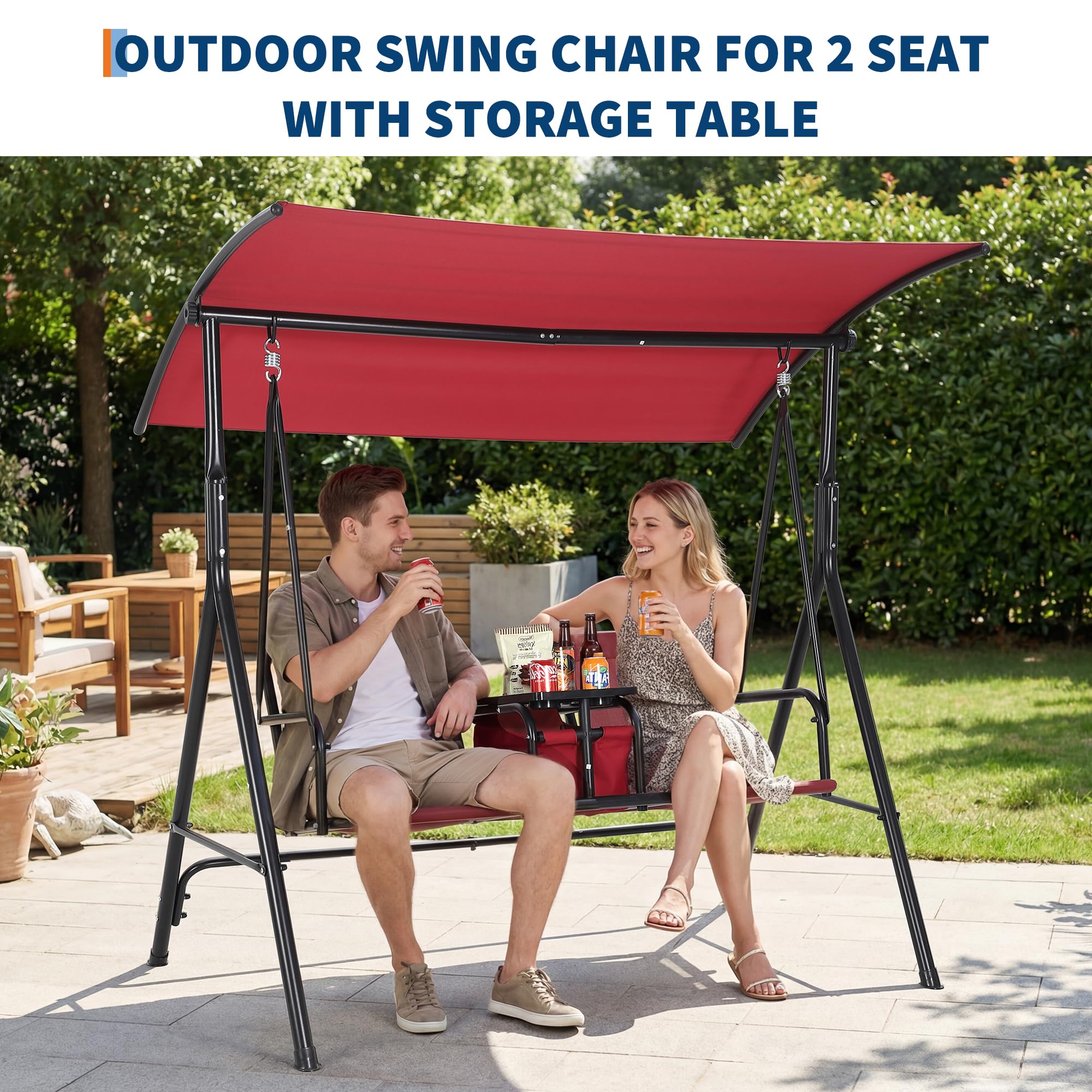 Balancelle de Jardin 2 Places avec auvent Ajustables,Balançoire de Jardin Extérieur avec 2 Porte-gobelets,Espace de Rangement,Mesh Respirant chaises,Cadre Acier,pour Jardin,Terrasse,Piscine(Rouge)