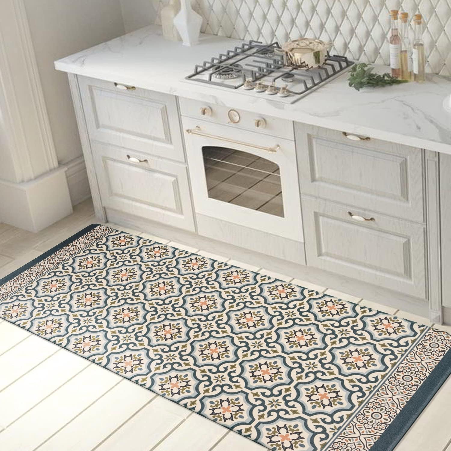 Blue Rectangular Anti-Fatigue Kitchen Mat with Pattern