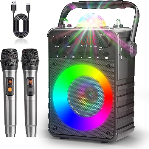 Peski Máquina de karaoke con 2 micrófonos inalámbricos, máquina de karaoke portátil para adultos y niños, altavoz con sistema PA Bluetooth con luces