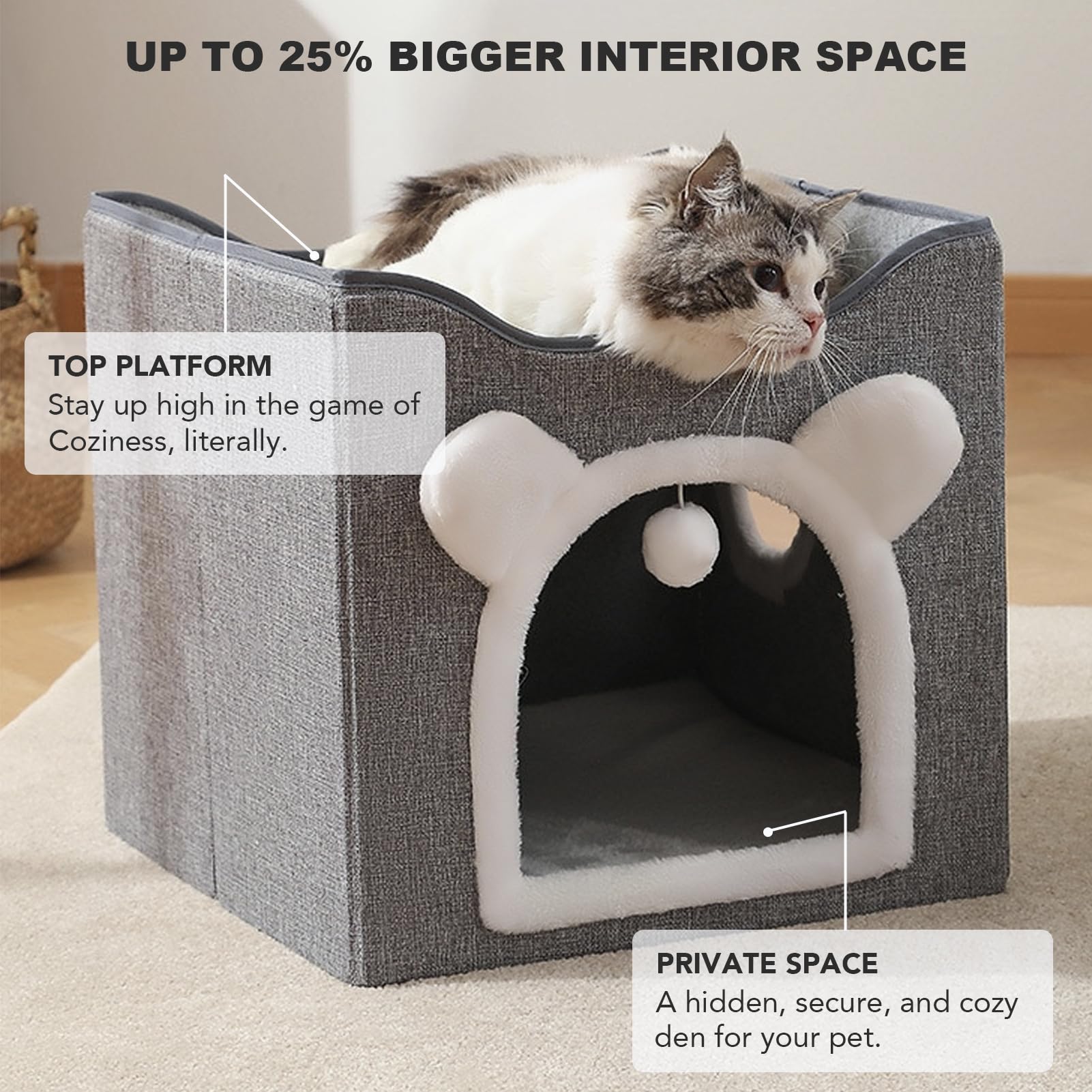 BomDa Cat Bed for Indoor Cats - Large Foldable Cat Cave for Pet, Cat House with Scratch Pad & Round Window & Fluffy Hanging Ball, Covered Cat Hideaway, 15x15x15 inches (Grey, 15