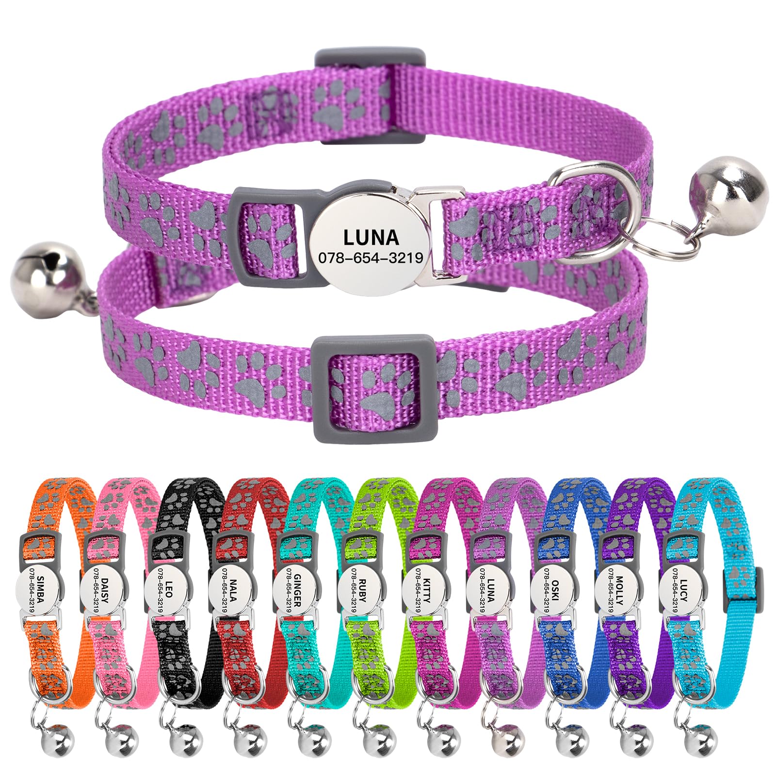 Personalised Reflective Cat Collar with Name Tag,Quick Release Kitten Collars with Bell Safety Buckle, Adjustable Nylon Cat Collar for Cats Kittens UK Prime (19–30 cm, Purple Paw) — image 1