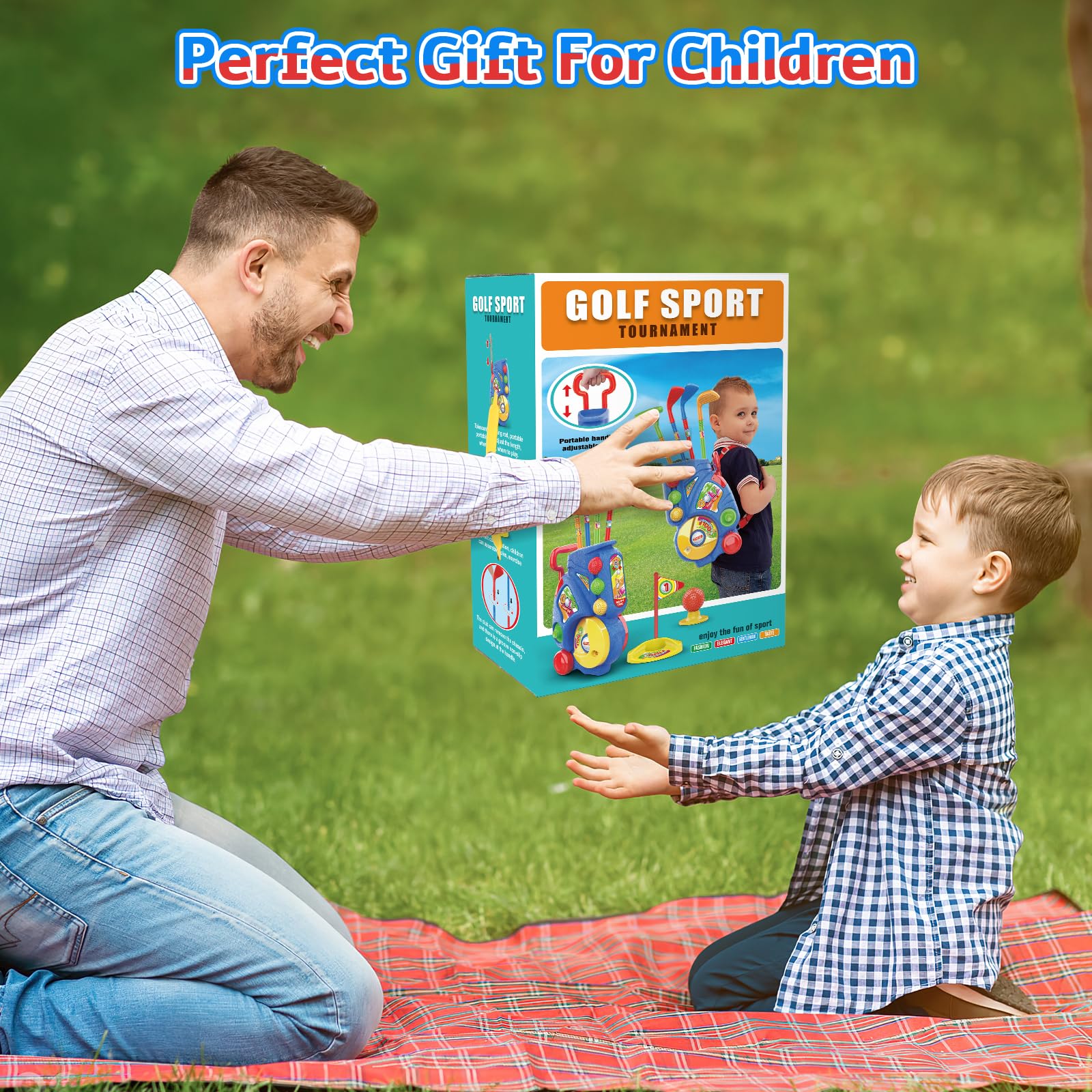 deAO Juego de Golf para Niños con Carrito Almacenamiento, 18 Pcs Golf Set, 4 Palos, 6 Pelotas, 2 Hoyos, Alfombrilla Putting - Juguetes Deportivos Interior Exterior Regalo Niñas Niños 3-6 Años (Azul)