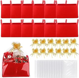 12 Pack Red Felt Gift Baskets, Handles and Gold Bows Included | Collapsible Bins of 6 Compartments, Pull Bows Included, For Wedding Baby Shower Graduation Party Supply Decoration
