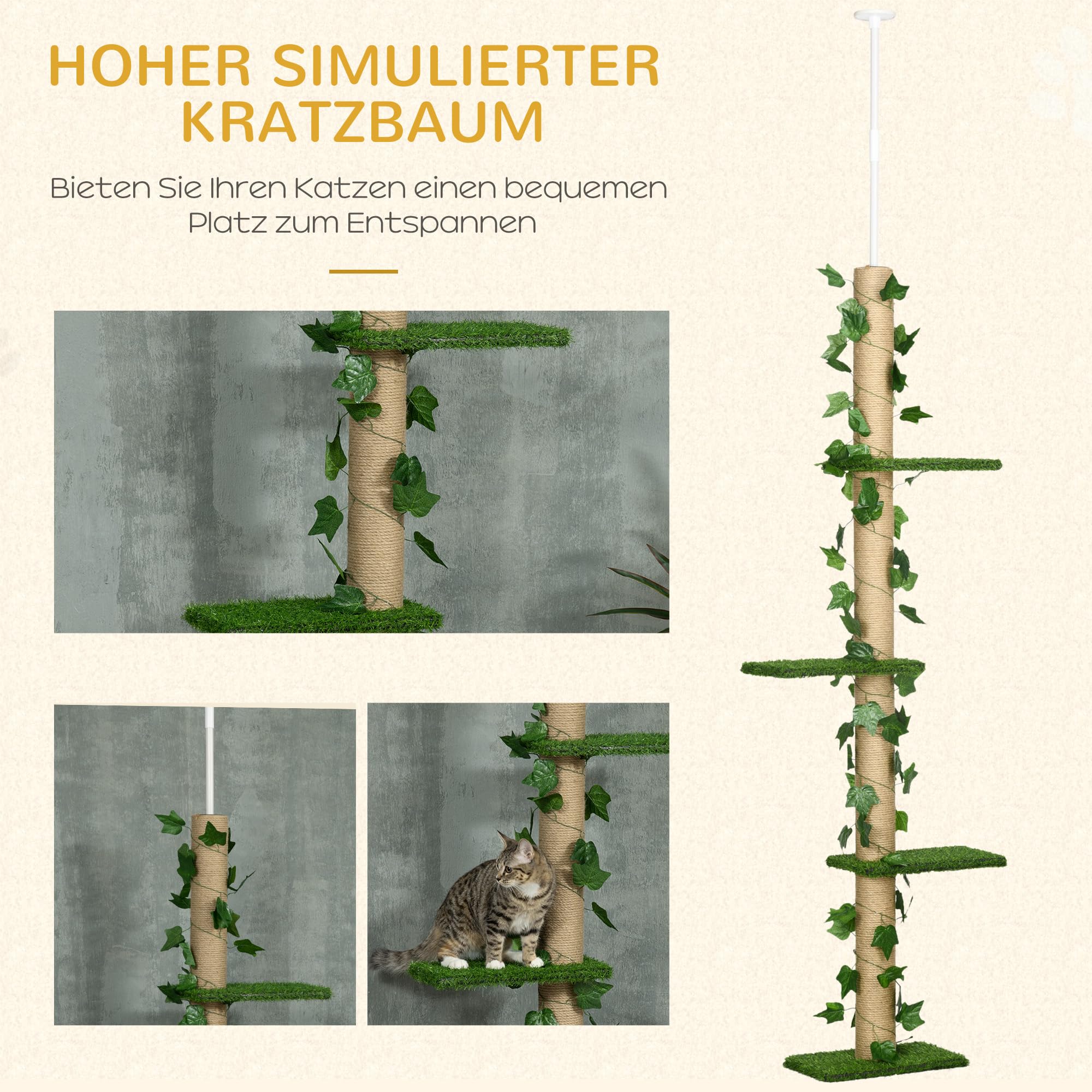 PawHut Kratzbaum Deckenhoch 202-242 cm für Mittelgroße Katzen Grün+Gelb
