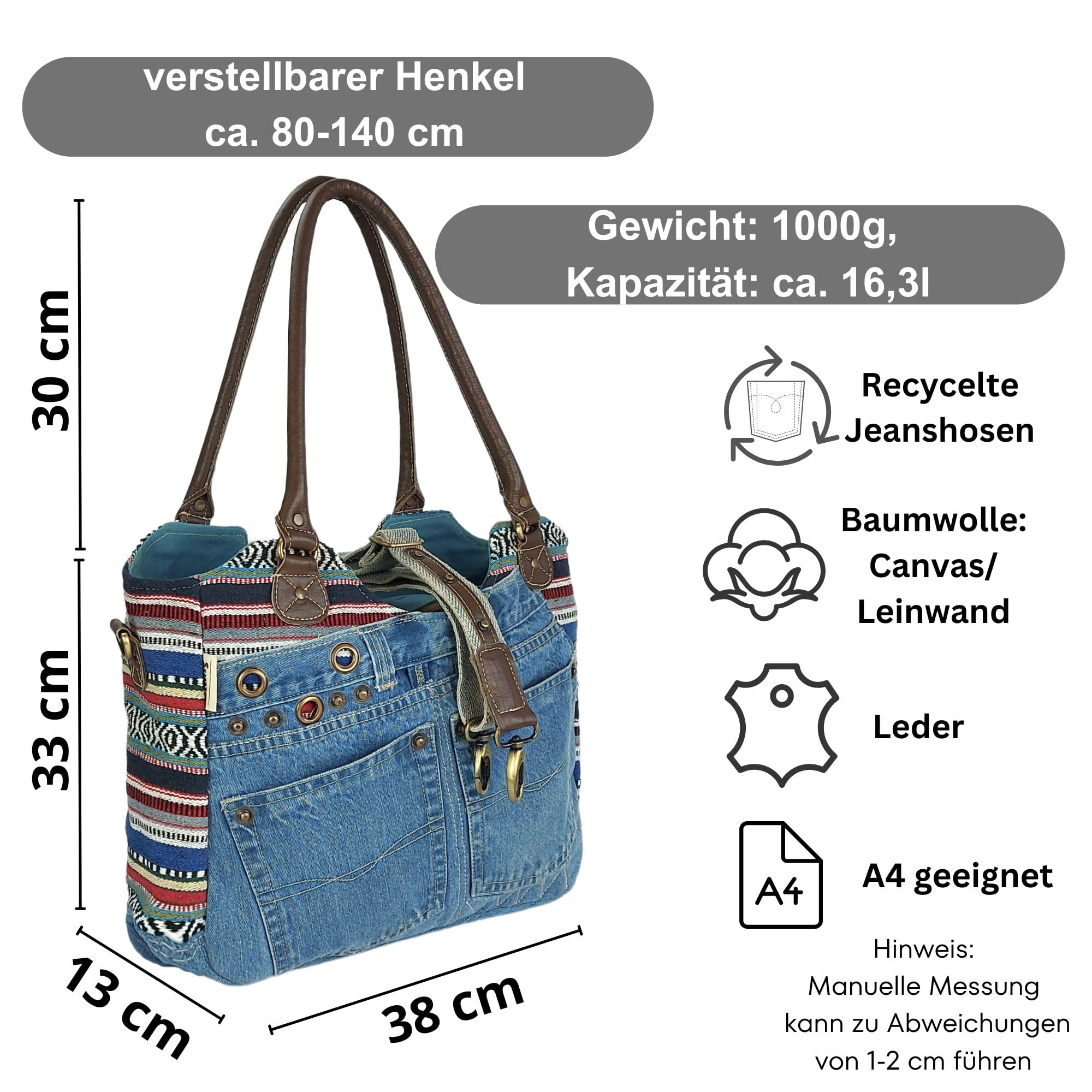 Sunsa Damen Nachhaltige Handtasche aus recycelte Jeans Canvas & Leder. Vintage Still große Schultertasche. Extra Crossover Henkel kann als Umhängetasche benutzen. A4 geeignet