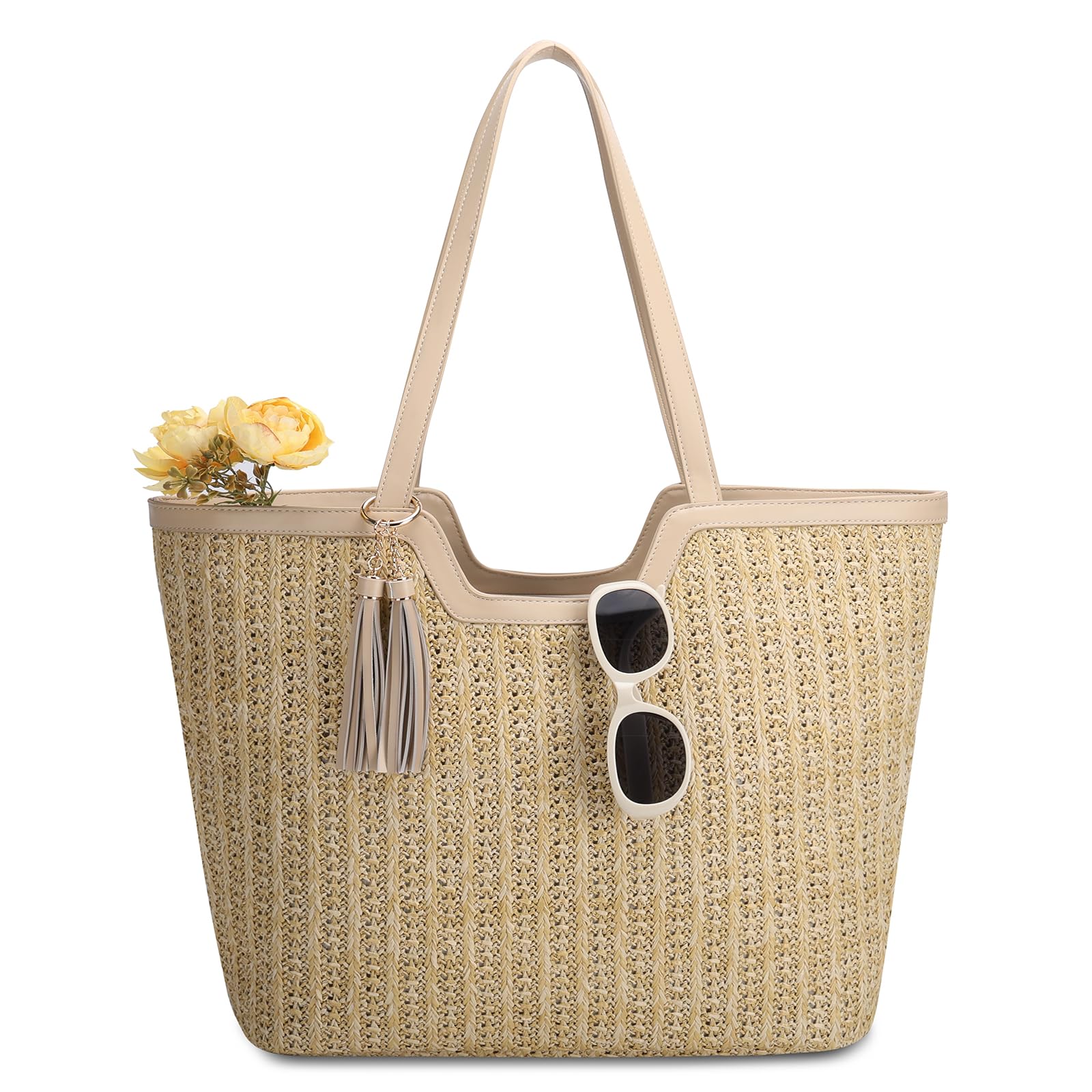 VASCHY Bolsa Playa de Paja para Mujer, Bolsa Tote Bag de Verano Bolsa de Hombro Plegable Bolsa de Mano para Shopper Viaje Bolso Bohemia con Cremallera para Uso Diario