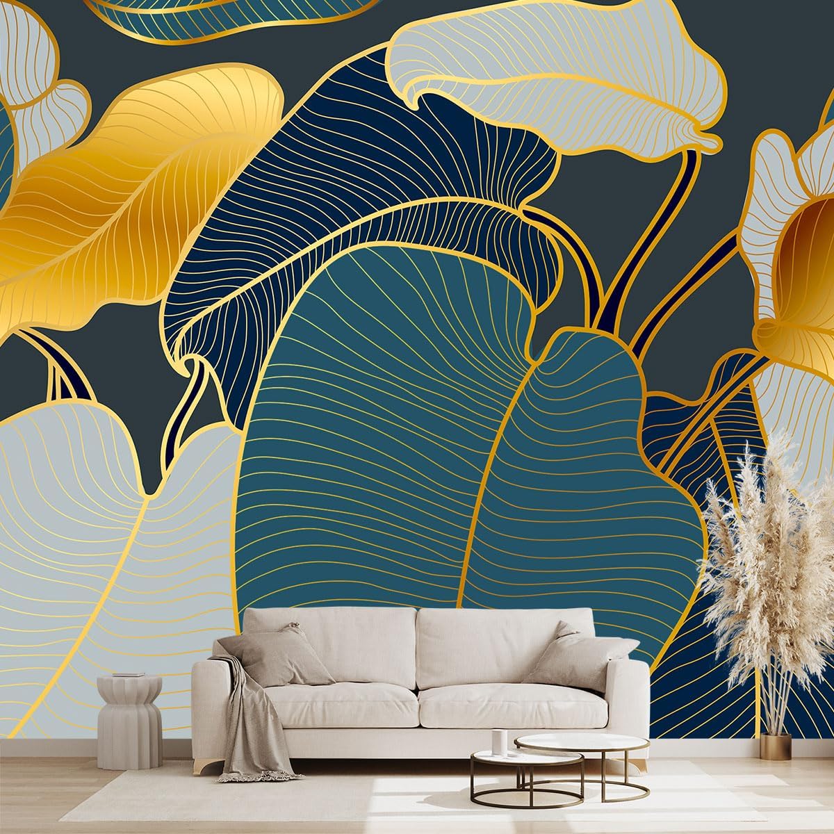 Golden Botanical Leaf wallpeper Living Room Bedroom wall Mural - 91"x65"(Not Peel and Stick)