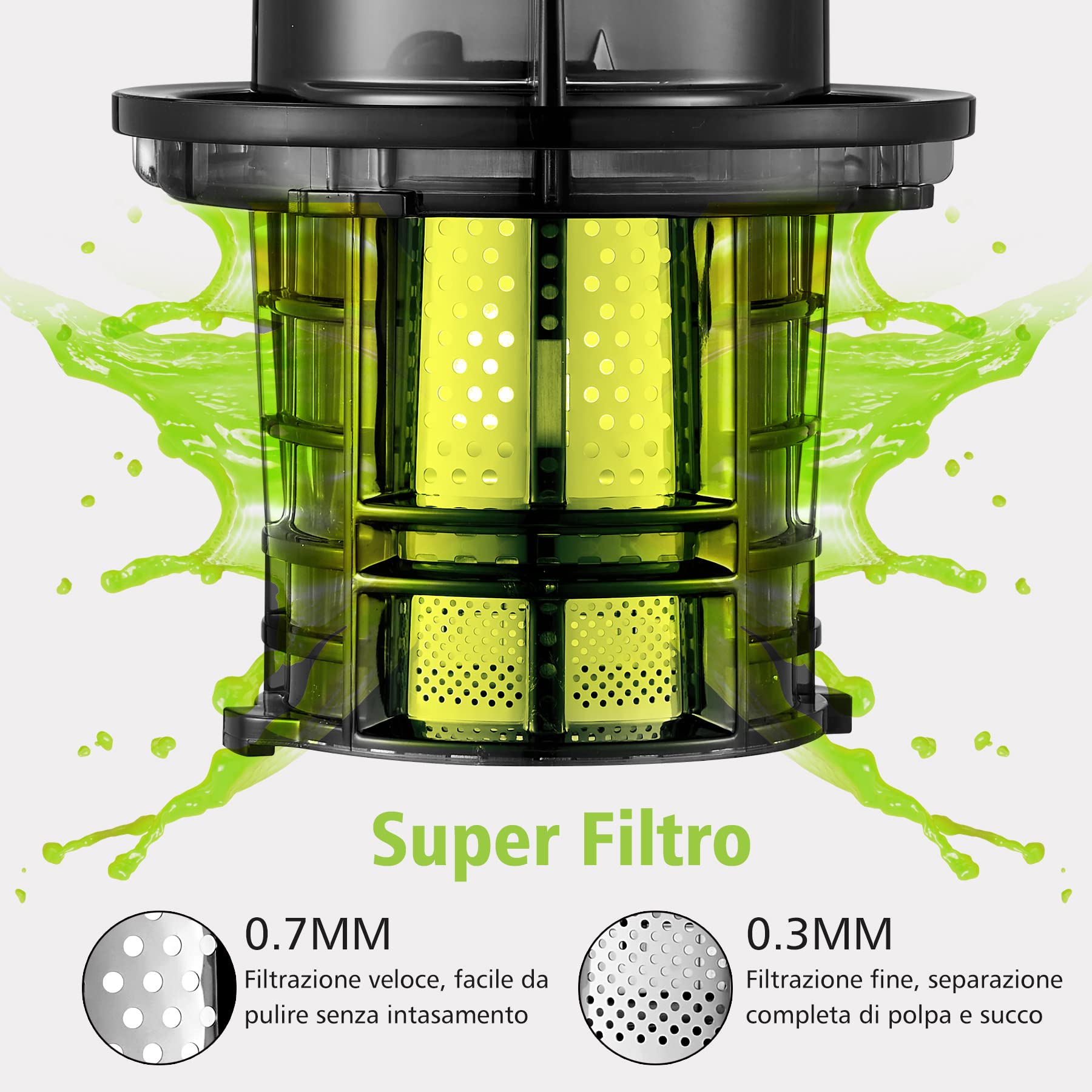 AOBOSI Estrattore frutta e verdura 200W-Estrattore di succo con funzione di inversione e due dimensioni di filtro-Estrattore frutta e verdura a freddo per frutta e verdura con chip intelligente.Verde