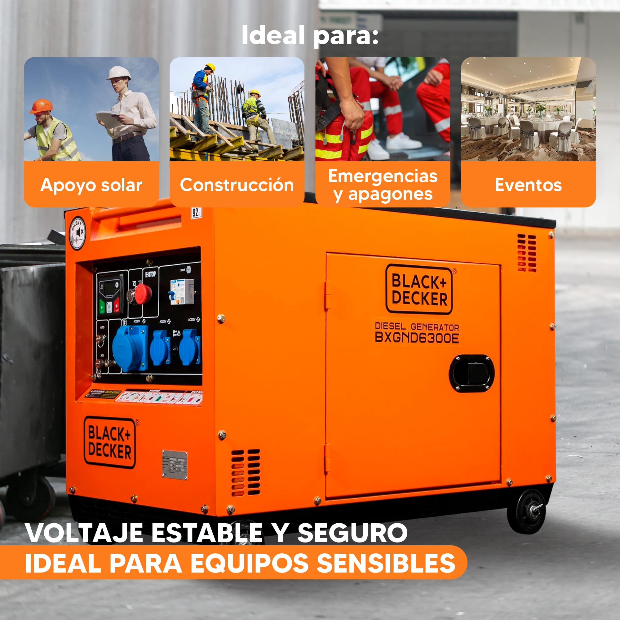 BLACK+DECKER Generador Eléctrico Diésel 6300W para Emergencias y Apoyo Solar - Generador Eléctrico con Arranque Automático ATS - Generador Diésel con AVR y Botón de Emergencia