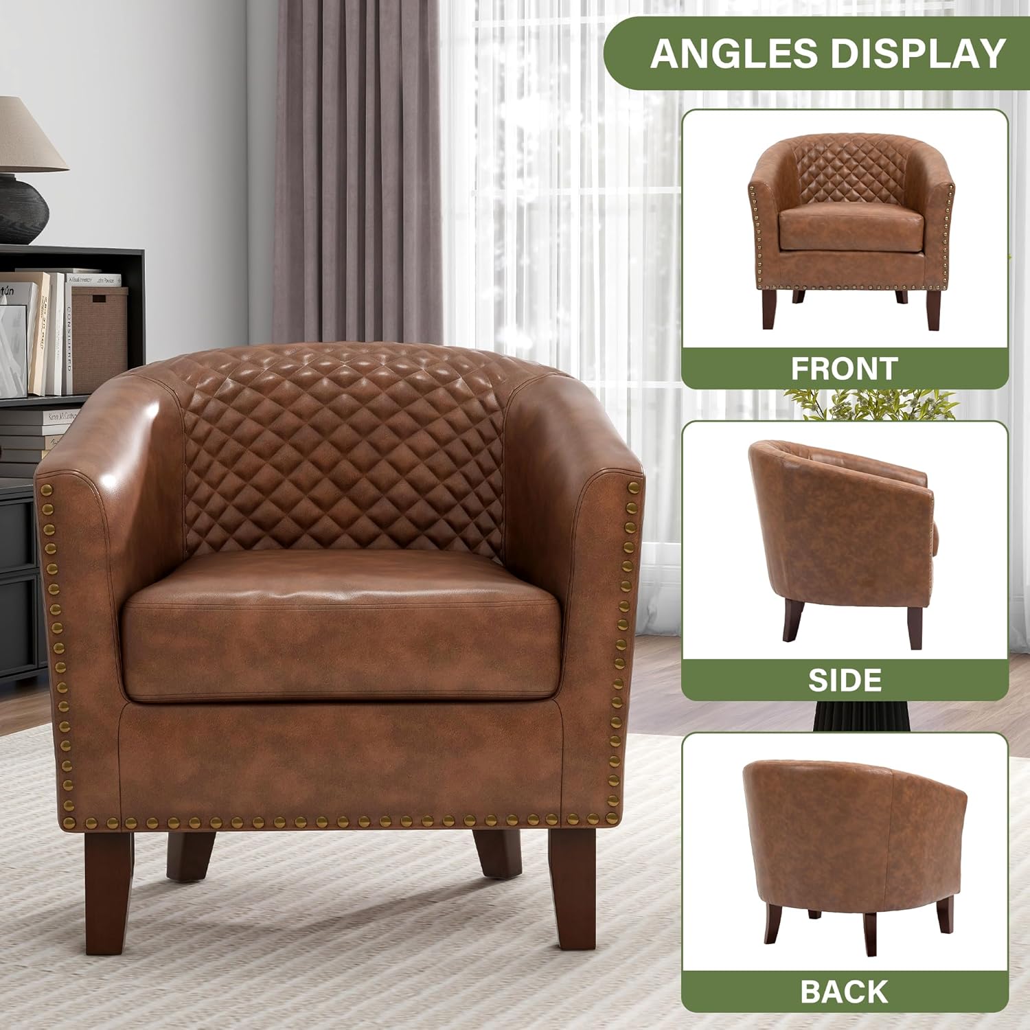 UIXE PU Leather Barrel Accent Chairs Set of 2, Modern Upholstered Armchair Round Club Chair for Living Room, Comfy Nailed Trim Arm Chair Bedroom Side Reading Seat - Brown