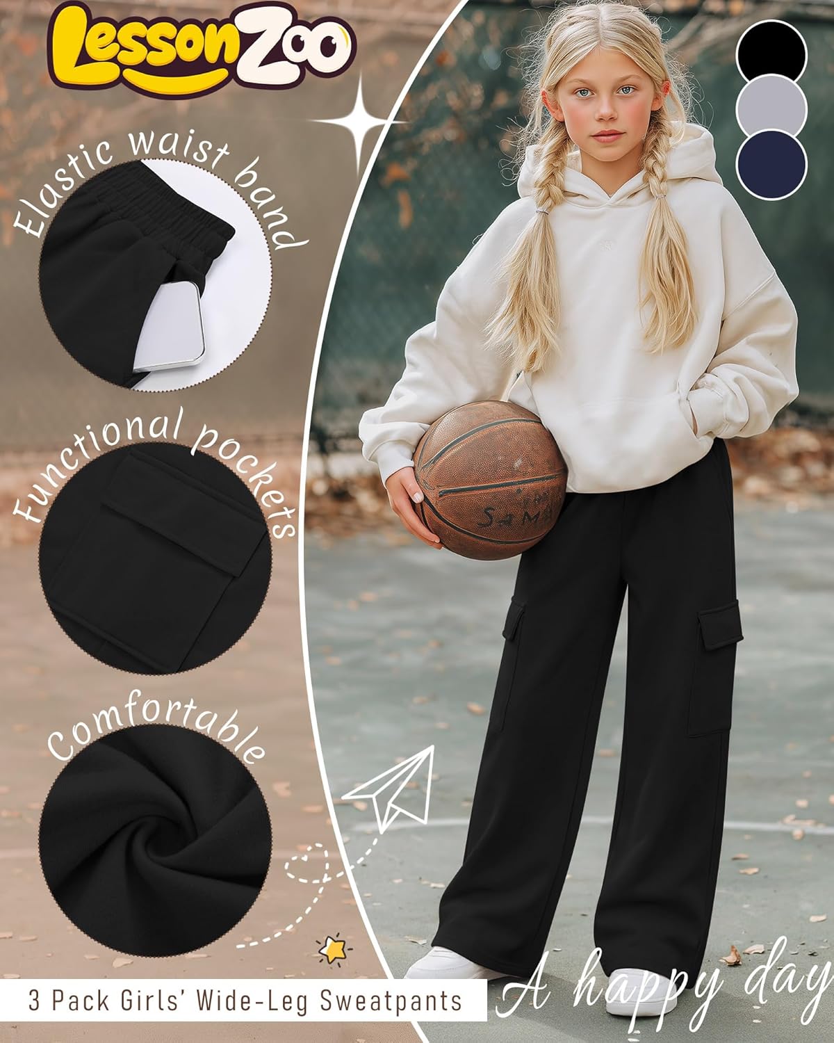 3 Pack Girl's Wide Leg Sweatpants Cargo Pants Lightweight Baggy High Waisted Joggers Teen Girl Pants with Pockets - Image 5