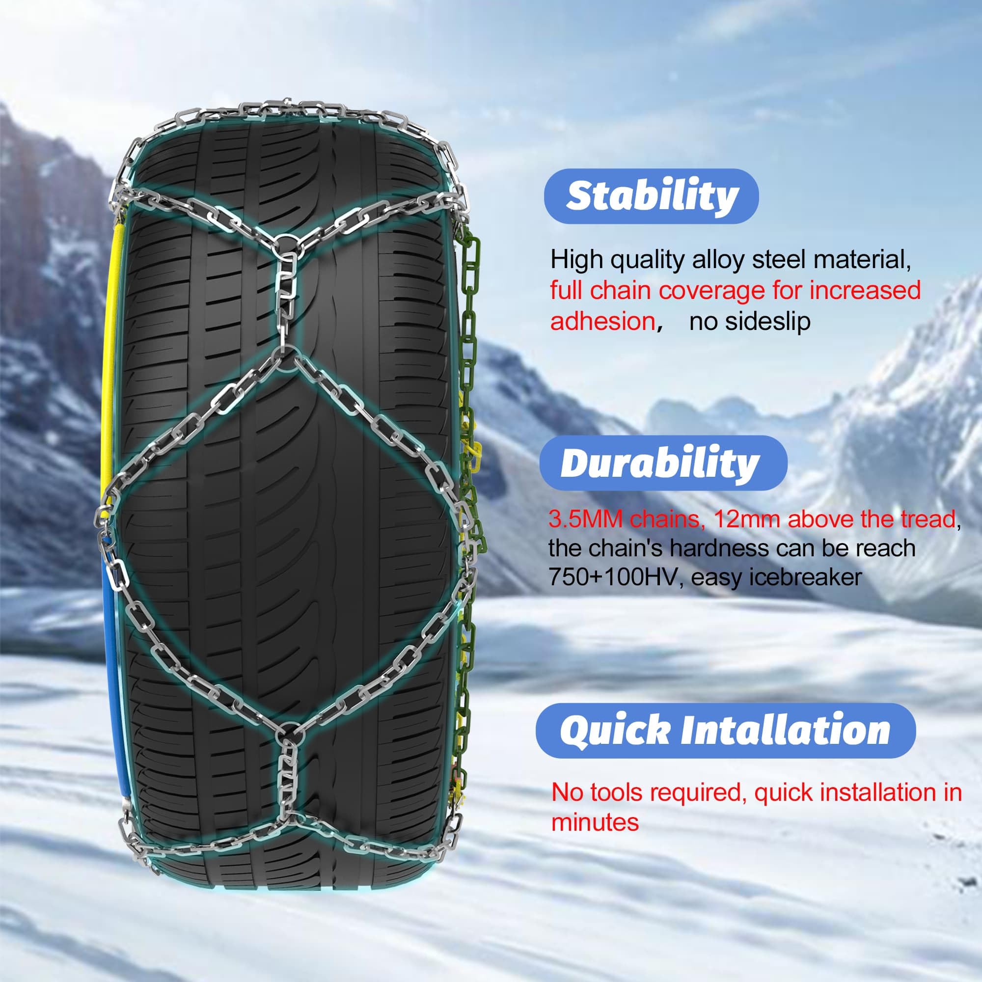 Catene da Neve Automatiche HKN 140, 2 Pezzi 12 mm, Installazione Rapida, Universale per Auto Pick-up SUV