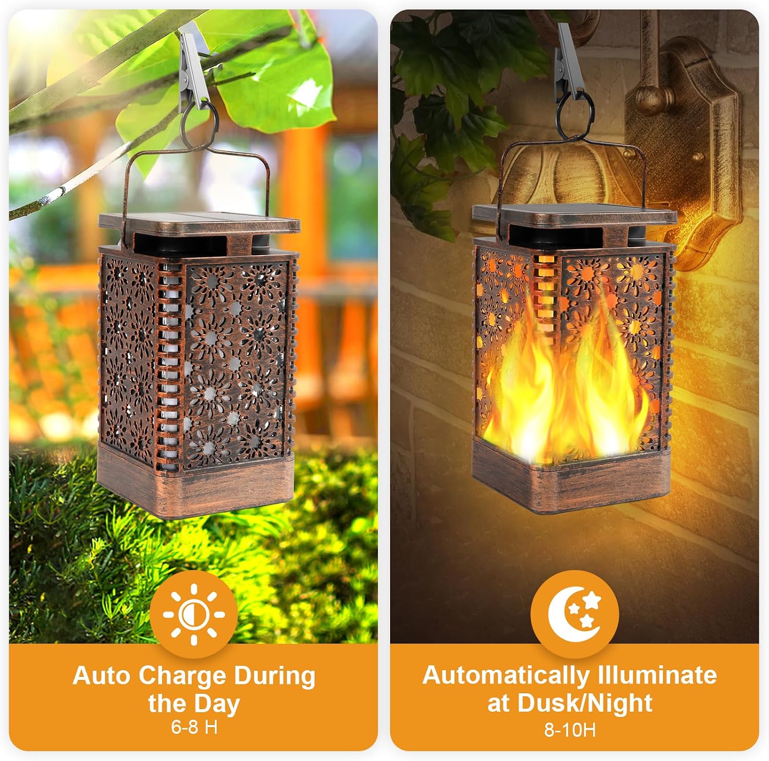Solar Lanterns Outdoor Waterproof, Outdoor Solar Lanterns with 4 Light Modes, Hanging Solar Lights for Outside, Flickering Flames Solar Powered Lanterns for Yard Patio Garden Decor, 2 Pack