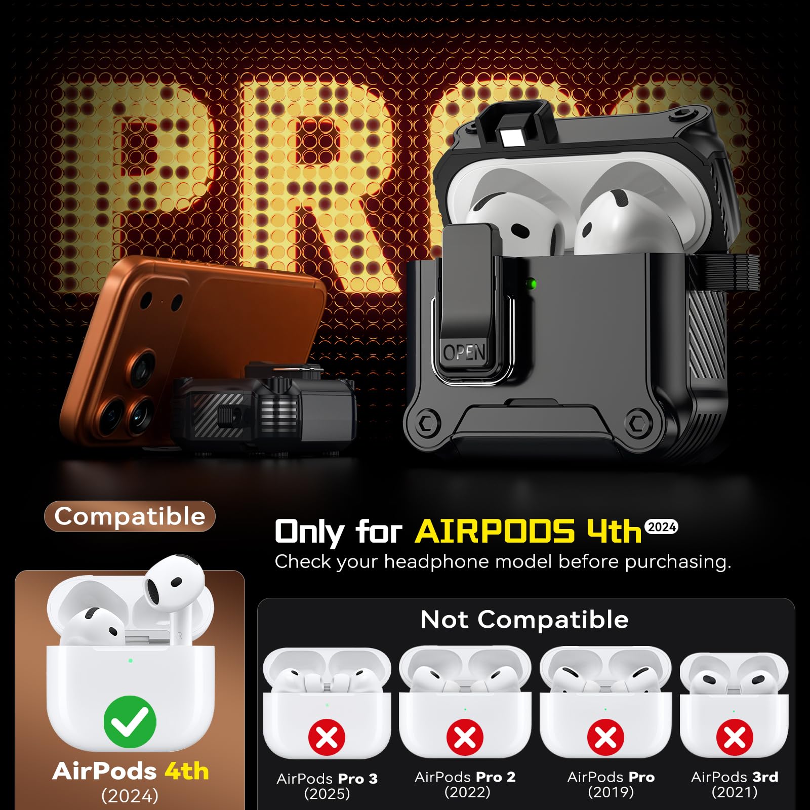 Inesore Dual-Lock Hülle Compatible with AirPods 4 (Black) | Phone Stand Design, with Carabiner and Cleaning Pen, Automatic Snap Switch Secure Cover for Travel