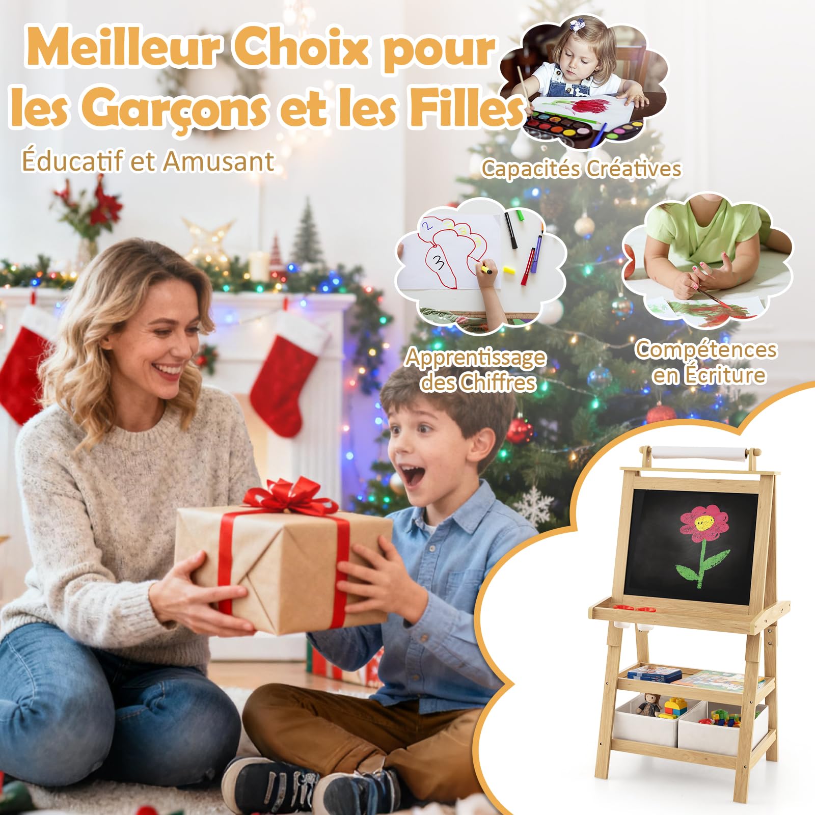 GOPLUS Caballete para niños de doble cara, Pizarra infantil de madera, Tabla de dibujo magnético con rollo de papel, cajas de almacenamiento, pintura multifunción accesorios completos (natural)
