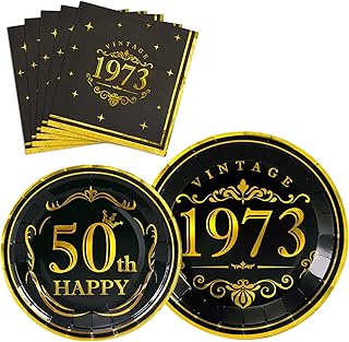 50th Birthday Party Paper Plates And Napkins - 72PCS Disposable Plates Paper Napkins Women Men Vintage 1973 50 Years Old Birthday Retirement Party Balck Gold Tableware Serves 24 Guests, 9” & 7” Plates
