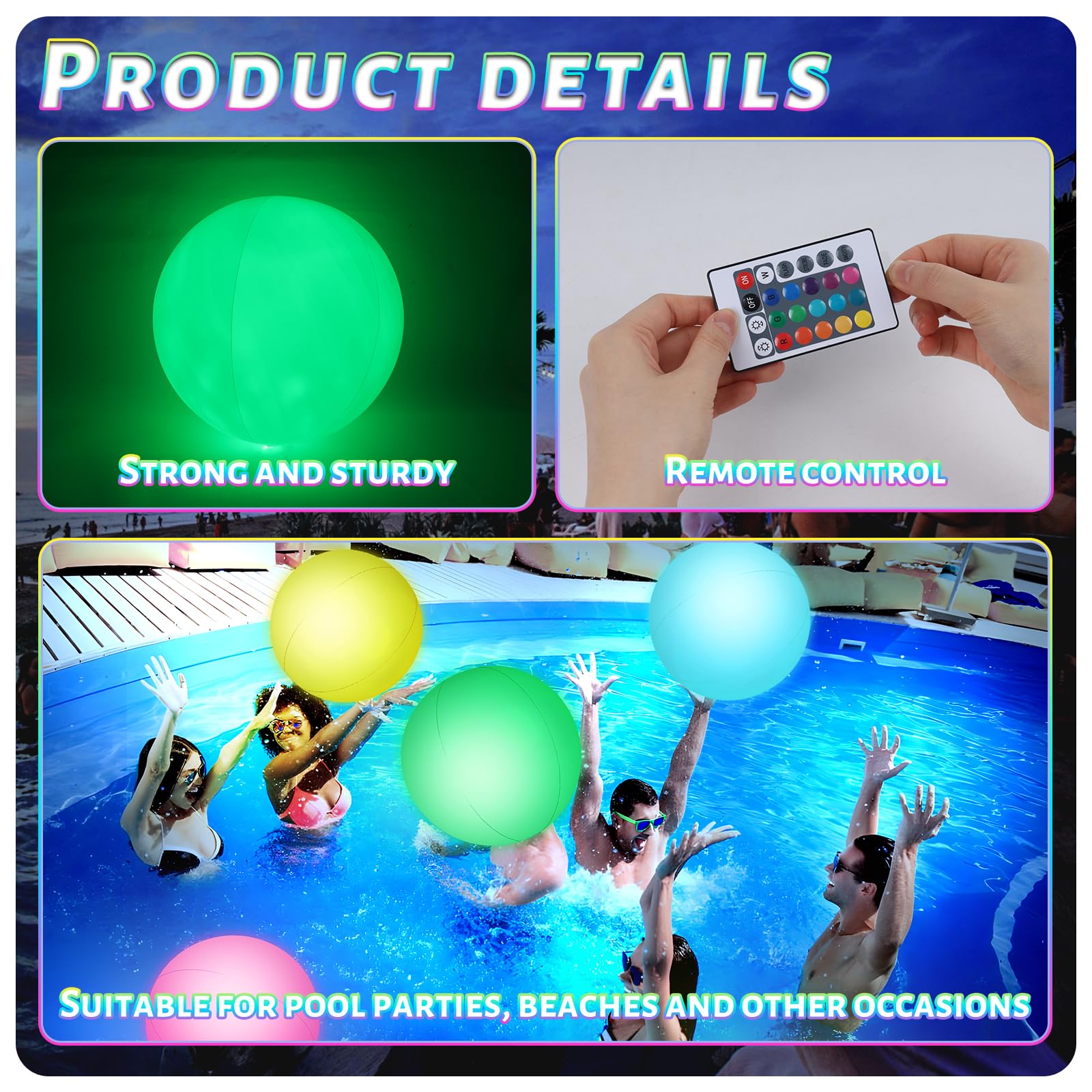 4 bolas de playa iluminadas, bolas de piscina brillantes de 12 pulgadas con control remoto LED para fiestas de verano, decoración de piscina 3