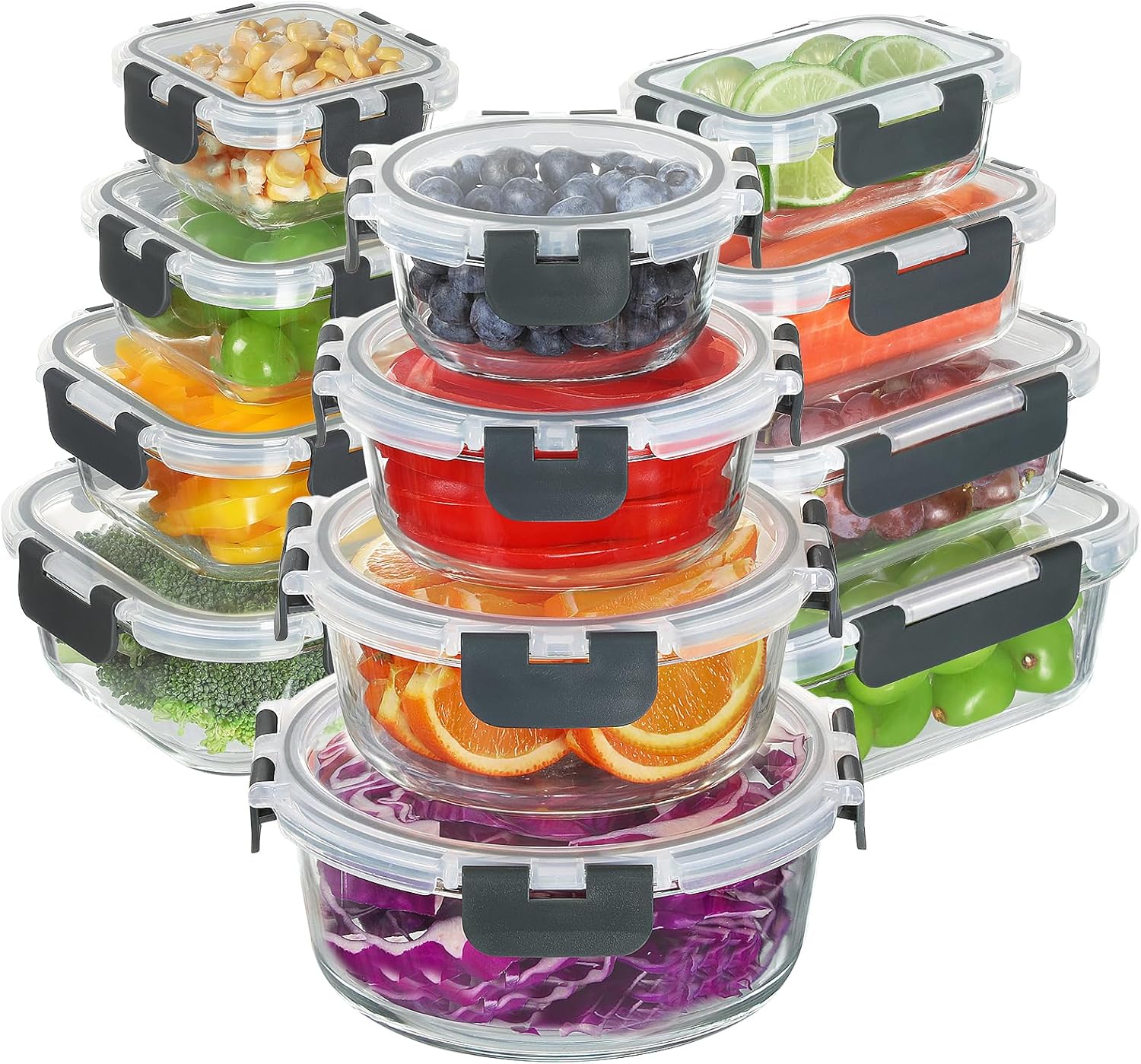 BAYZZ Glass Food Storage Containers Set, 24 Pieces Airtight Glass Meal Prep Containers with Lids,Microwave and Freezer Safe BAYZZ Glass Food Storage Containers Set, 24 Pieces Airtight Glass Meal Prep Containers with Lids,Microwave and Freezer Safe
