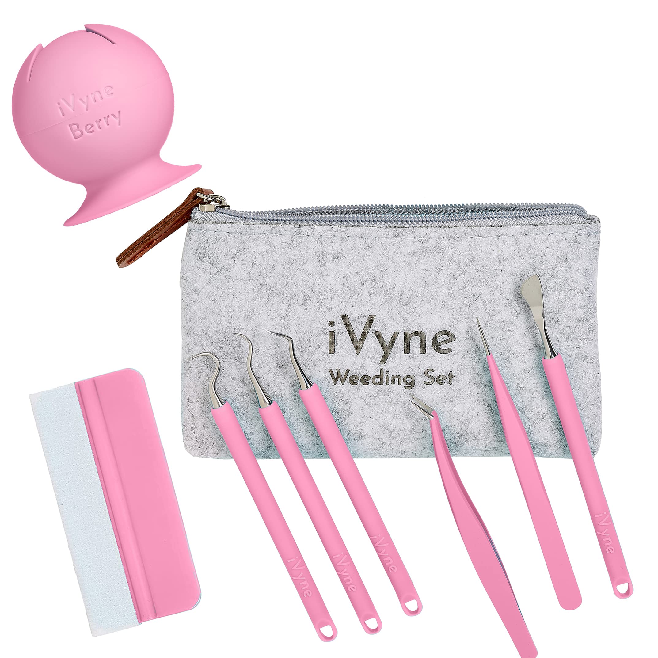 iVyne (8pcs) Premium Vinyl Weeding Tool Kit & Weeding Scrap Collector Soft Grip Tools with Berry, Weeder, Tweezers, Picker Or Hook, and Scraper Set for Silhouette Cameos & HTV- Pink