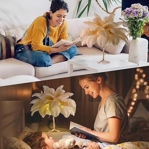 Miniatura 6 de MAYOLA Lámpara de mesa moderna de plumas de avestruz con cable enchufable, lámpara de pie de noche de 3 luces para sala de estar, dormitorio y