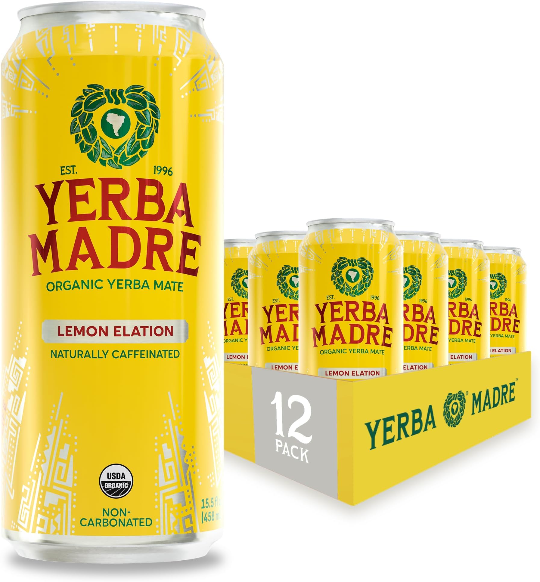 Yerba Madre Organic Yerba Mate, Lemon Elation, 150mg Natural Caffeine, Energy Drink Alternative, No Jitters or Crash, 15.5 Oz Cans (Pack of 12)
