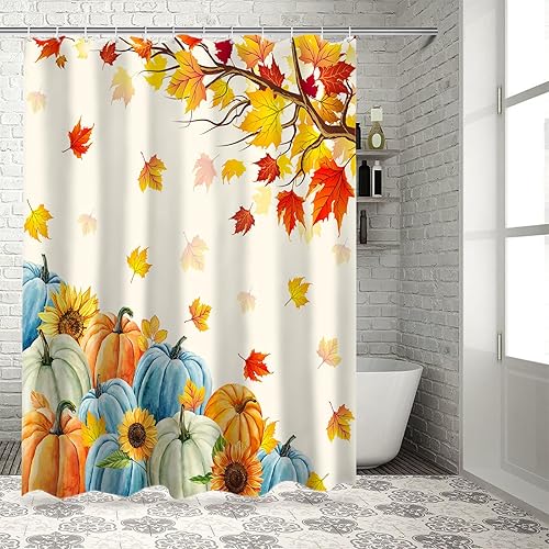 Miniatura 10 de Cortina de ducha de otoño con hojas de arce otoñal, cortinas de baño con ganchos, tela de poliéster impermeable, cosecha de Acción de Gracias,