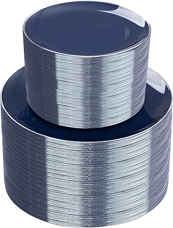 KIRE 200PCS Blue Plastic Plates with Silver Rim - Navy Blue Plastic Plates Include 100 Dinner & Dessert Plate - Heavy Duty Dark Blue Disposable Plate for Parties/Wedding