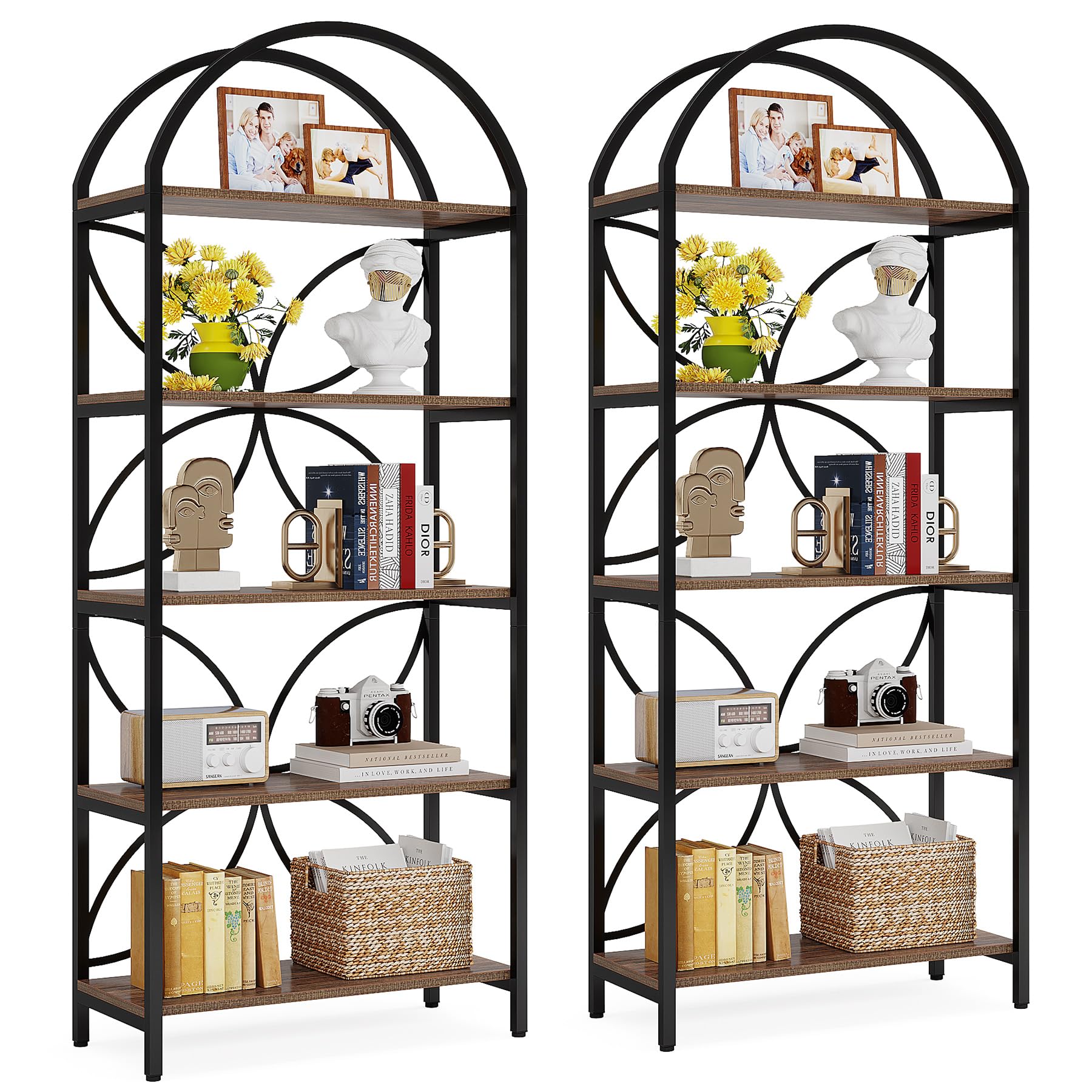 Tribesigns 5-Tier Bookshelf Set of 2, Tall Arched Bookcase Shelf Storage Organizer, Industrial Book Rack with Metal Frame, Standing Display Rack for
