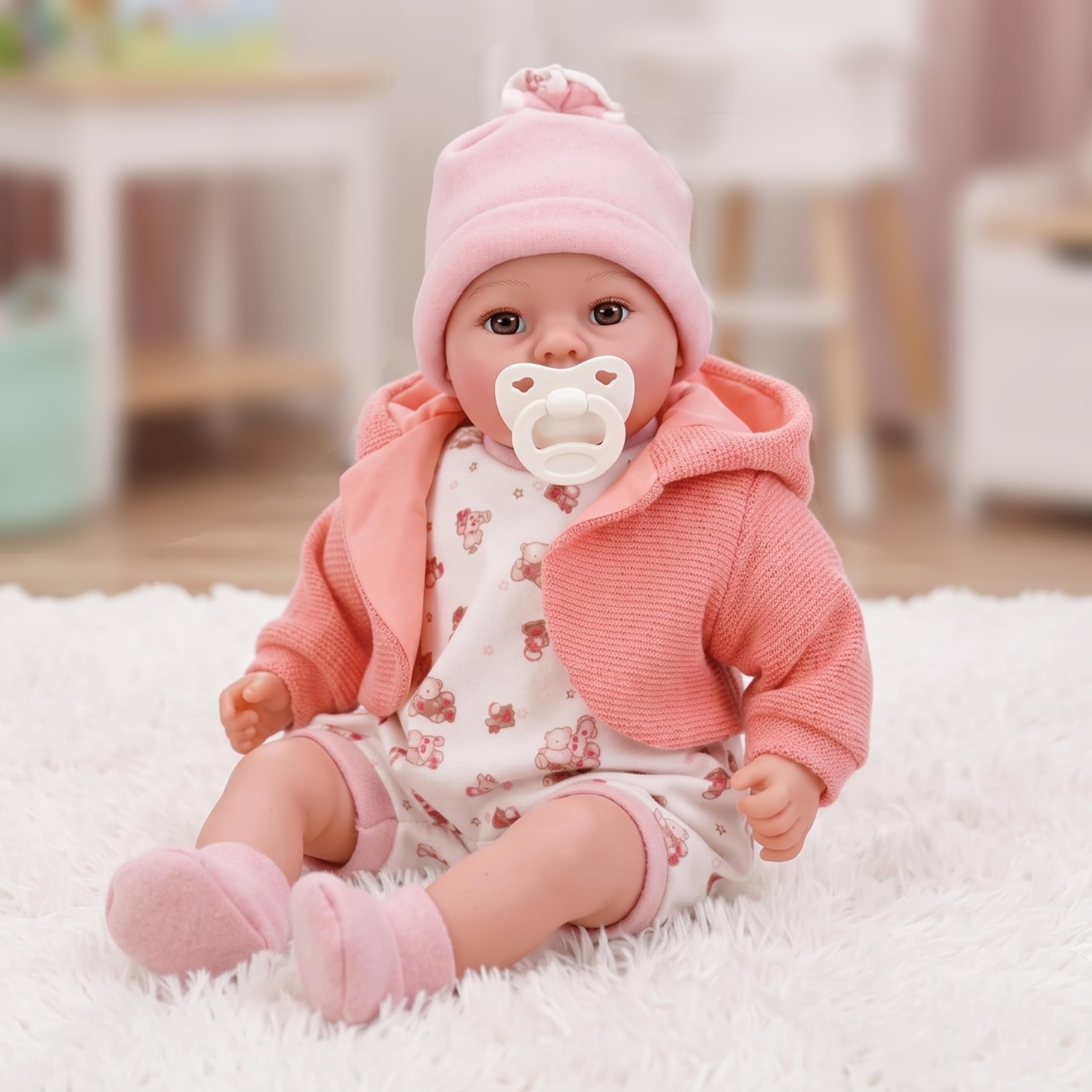 The Magic Toy Shop BiBi Doll 18-Inch Baby Doll Peach with 16 Sounds โ Realistic Girl with Dummy, Removable Outfit & Soft Vinyl Limbs โ Soft Body Baby for Toddlers 18 Months+