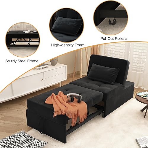 Miniatura 5 de LEVNARY Silla convertible para cama, sofá individual 4 en 1 de terciopelo plegable, otomana, sofá pequeño extraíble para sala de estar en el hogar