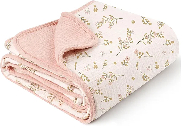 Konssy Muslin Baby Blankets for Girls Boys, 100% Cotton Crib Blanket for Infant Toddler, Super Soft and Lightweight Nursery Swaddling Wrap 40"x36" (Floral)