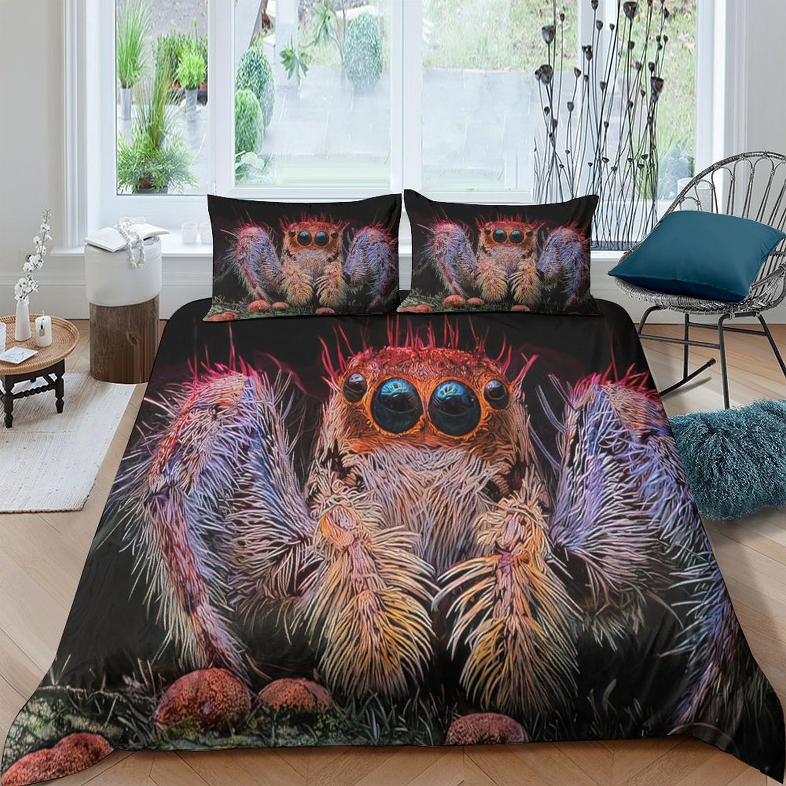 GPLZQXKJNH 3D Printed Cute Fuzzy Spider Duvet Cover Microfiber Soft Breathable Cartoon Arthropod Bedding Set with 2 Pillowcases for Bedroom Decor Single（135x200cm）