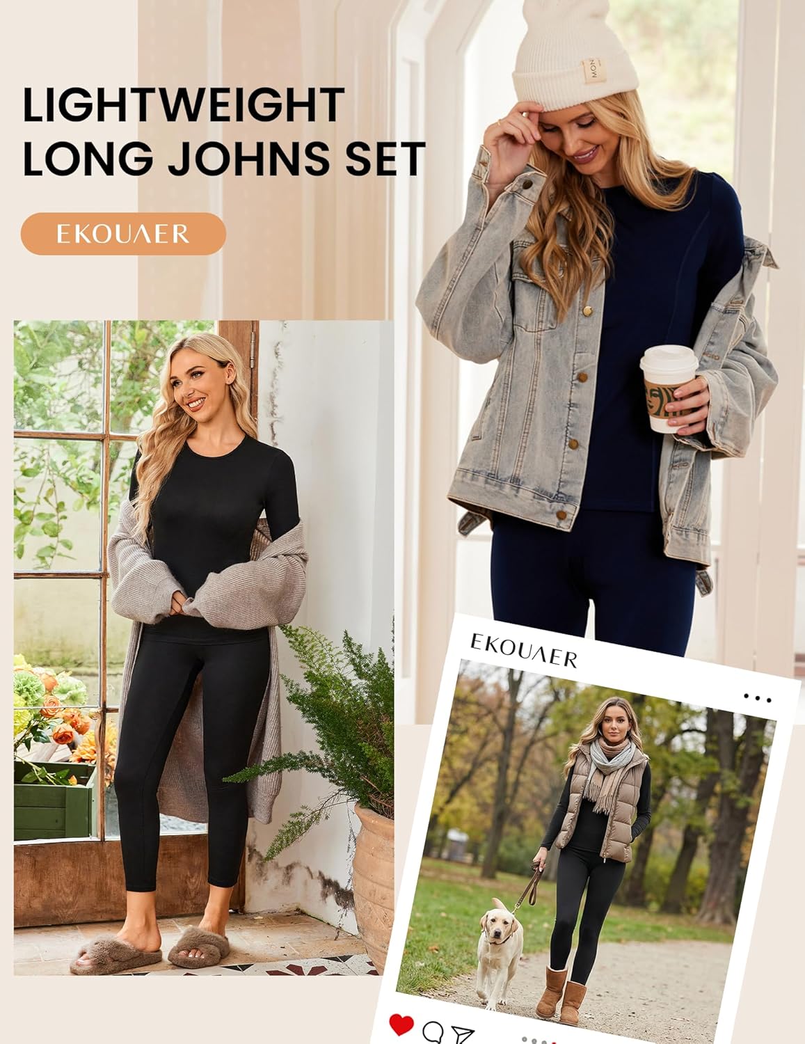 Ekouaer 3 Sets Thermal Underwear for Women Long Johns Long Sleeve Base Layer for Cold Weather S-XXL - Image 5