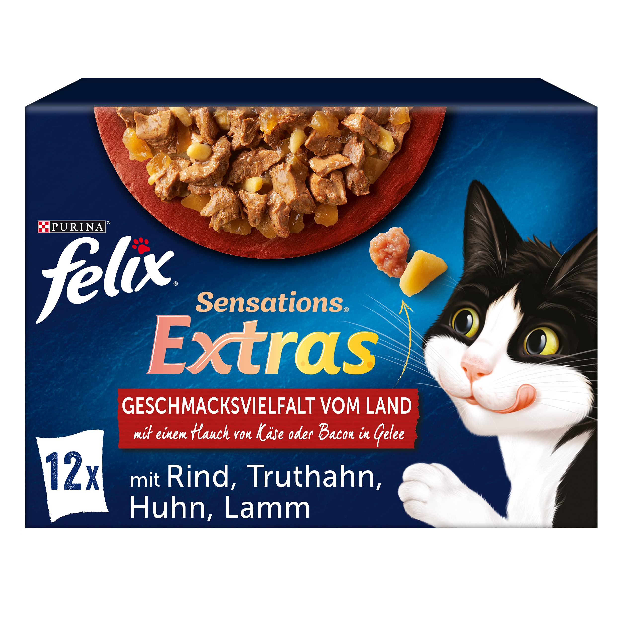 Felix Sensations Extras Katzenfutter nass in Gelee, Geschmacksvielfalt vom Land, 6er Pack, (6 x 12 Beutel à 85g)