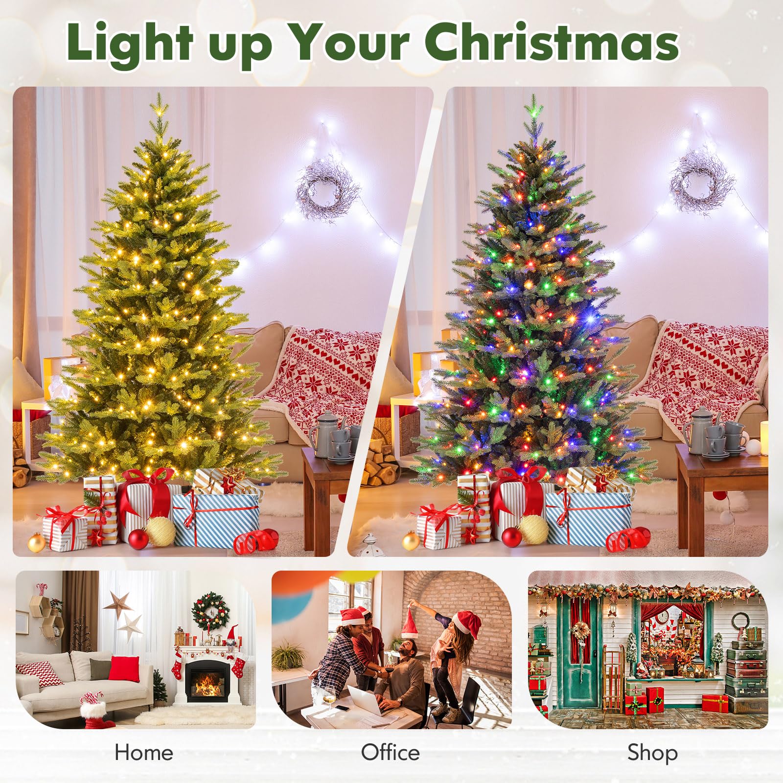 KOMFOTTEU Árbol de Navidad Artificial con Luces LED con 11 Modos, Control Remoto, Árbol Navideño de PVC con Base de Metal, Árbol de Decoración Navideña para Hogar, Tiendas, Oficina (180 cm)