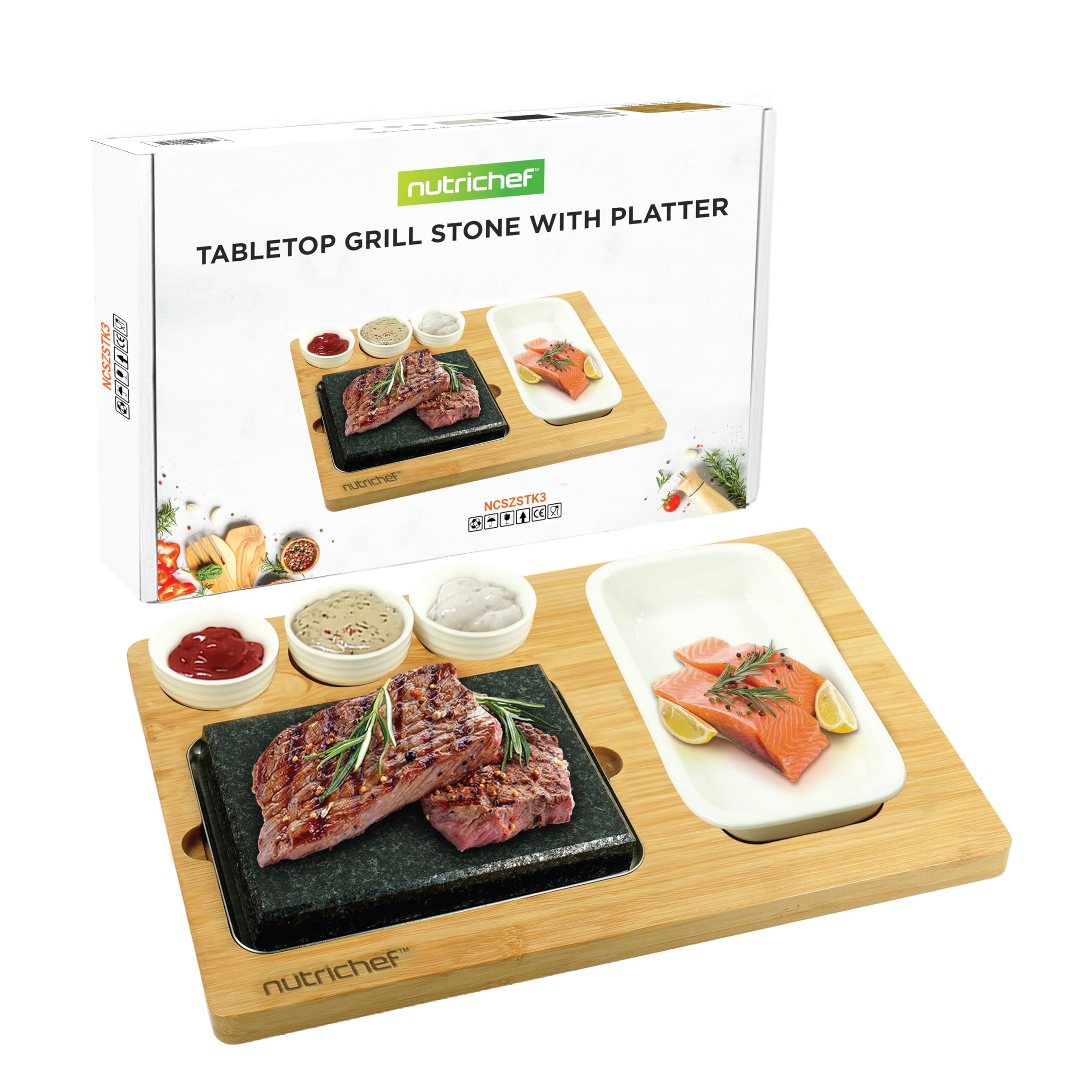 NutriChef Steak Stone Grill, Hot Stones Steak Set, with Bamboo Platter, Stainless Steel Tray and Ceramic Sauce Bowls, Good for Indoor Outdoor Dining, Cooking, Parties and Gifts