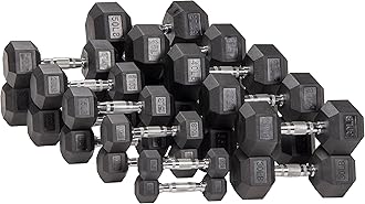 Signature Fitness Rubber Encased Hex Dumbbell, Set Including 5, 10, 15, 20, 25, 30, 35, 40, 45, 50LB Pairs