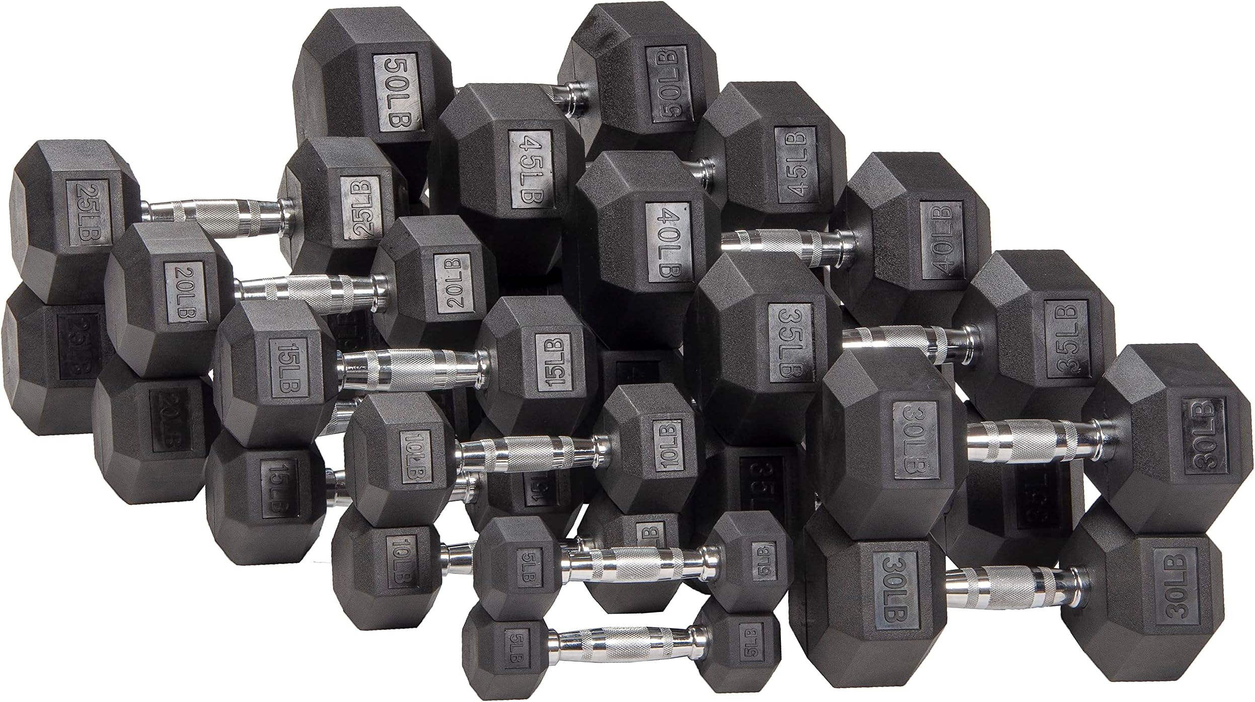 Signature Fitness Rubber Encased Hex Dumbbell, Set Including 5, 10, 15, 20, 25, 30, 35, 40, 45, 50LB Pairs