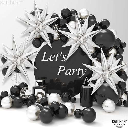 Miniatura 7 de KatchOn, Globos de estrella plateados metálicos y negros  26 pulgadas, paquete de 100  Globos metálicos plateados con globos negros puntiagudos para