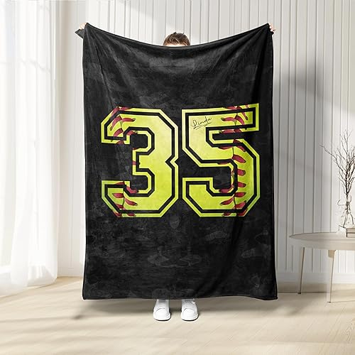 Regalo de bola amarilla de sóftbol personalizado para los amantes de los fanáticos, número de nombre personalizado, manta de forro polar Sherpa de