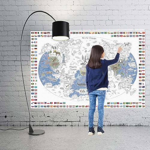 Miniatura 4 de Dekali Designs Póster para colorear de mapa del mundo para niños, 35 x 52 pulgadas, póster para colorear jumbo con banderas del mundo para aula,
