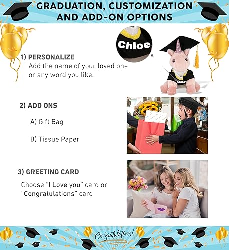 Miniatura 2 de DolliBu Peluche de graduación de unicornio rosa, suave y abrazable, vestido de peluche y gorra con borla personalizable, 9 pulgadas