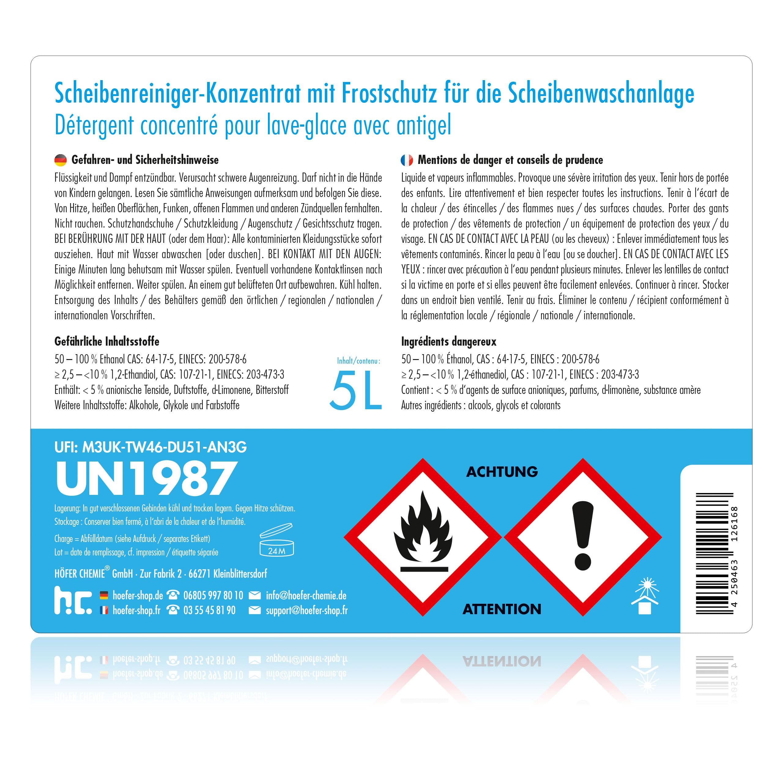 4 x 5 L Premium Scheiben Frostschutz -60 Grad Konzentrat | für KFZ Autoscheibe Polycarbonatverträglich mit frischem Zitrusduft