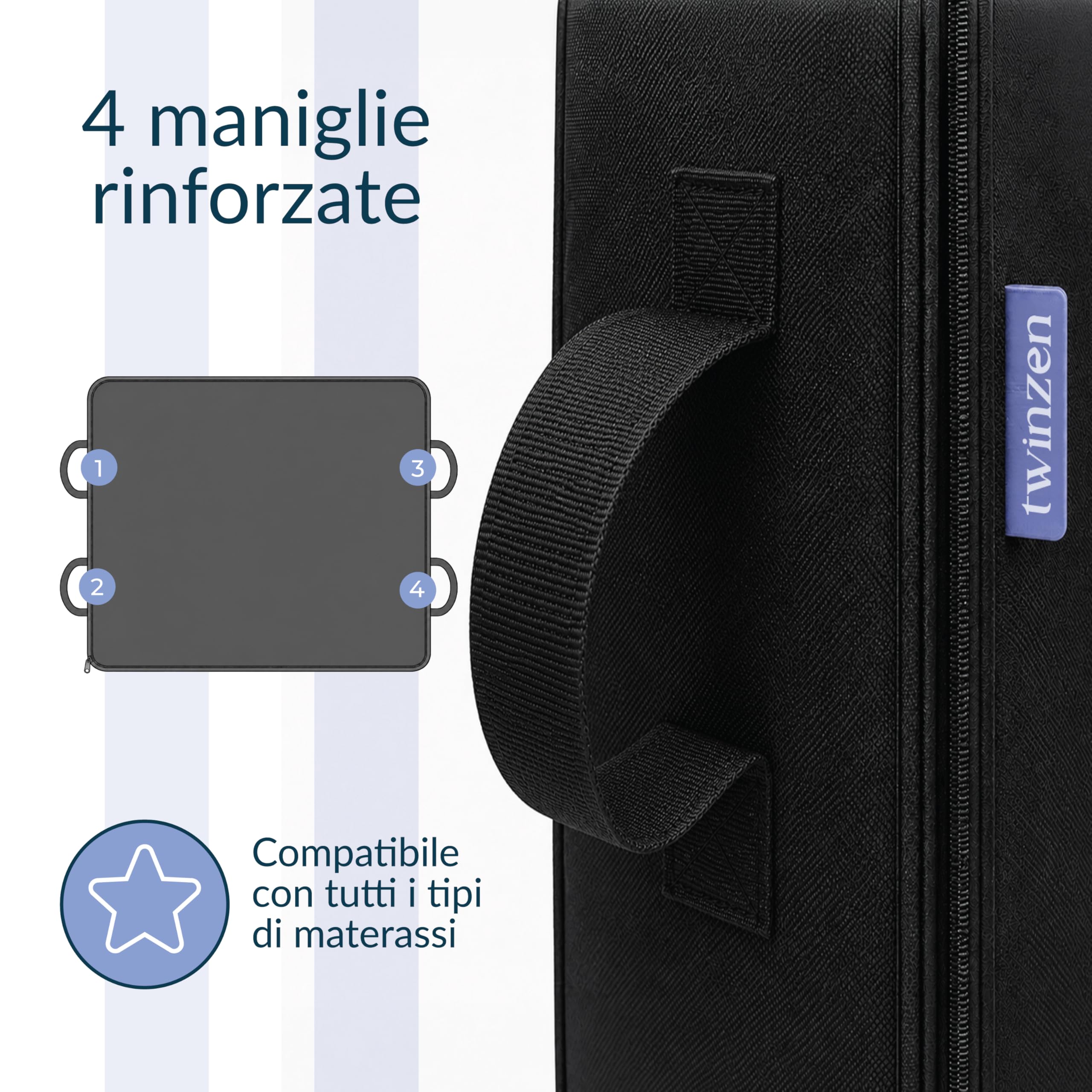 Twinzen Custodia Materasso Culla/Lettino 100x200 cm Trasloco e Stoccaggio, Spessore 25cm - Coprimaterasso con Zip e 4 Maniglie Oeko-Tex