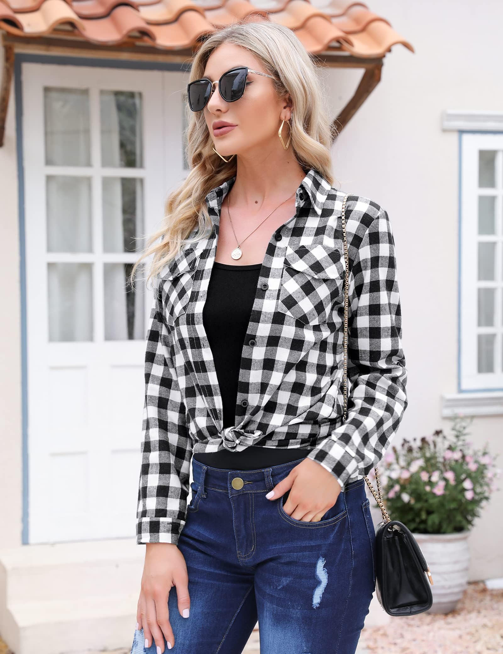 Aottori Camicia Donna a Quadri in Cotone Blusa Maniche Lunghe Camicetta Scozzese con Bottoni Camicie Flanella Classico Shirts Casual