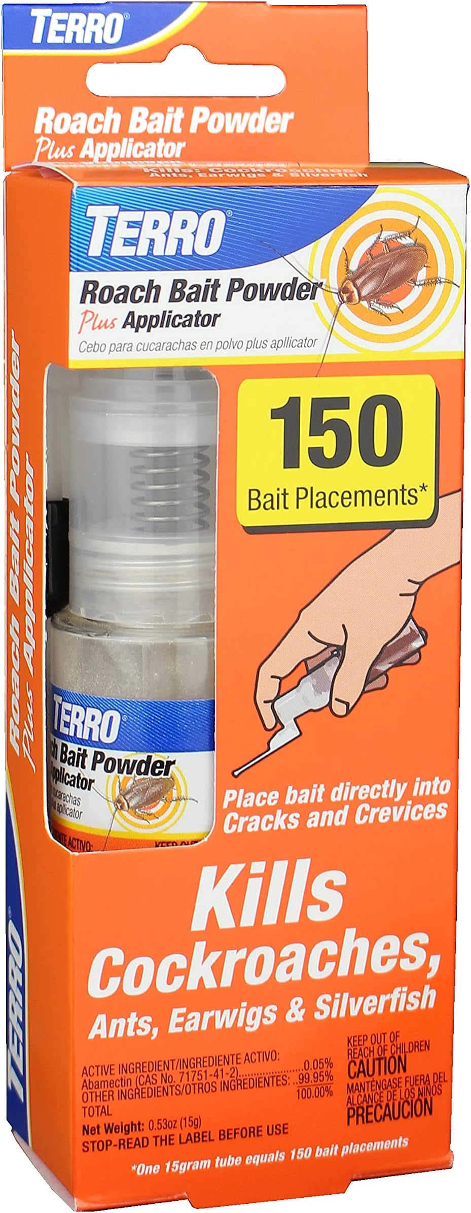TERRO Roach Bait Powder Plus Applicator - Bait and Kill Cockroaches, Ants, Earwigs, Silverfish - 150 Placements per Tube - Easy, Precise Placement - T530, 0.53 oz Tube