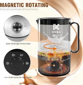 KIVRA Milk Frother and Steamer 350ml | 4 Mode cold foam maker for Hot and Cold Drinks | Durable Non Stick Milk Frother for Coffee Lovers Includes 1x Whisk, Measuring Cup, String Bag & Brush