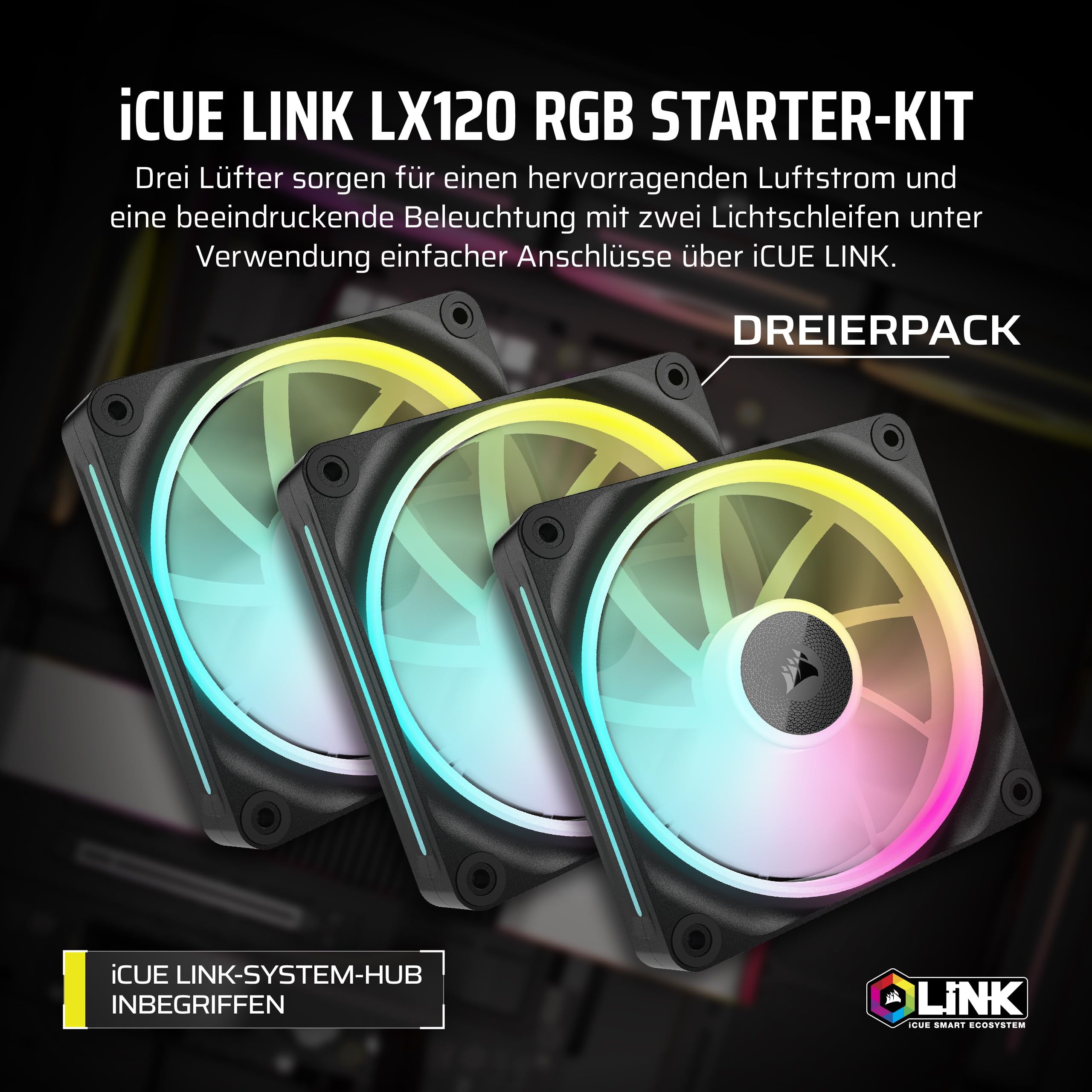 Corsair iCUE LINK LX120 RGB 120mm PWM-Lüfter Dreierpack – Dual Light Loops – Inklusive iCUE LINK System Hub – Corsair AirGuide Technologie – Schwarz