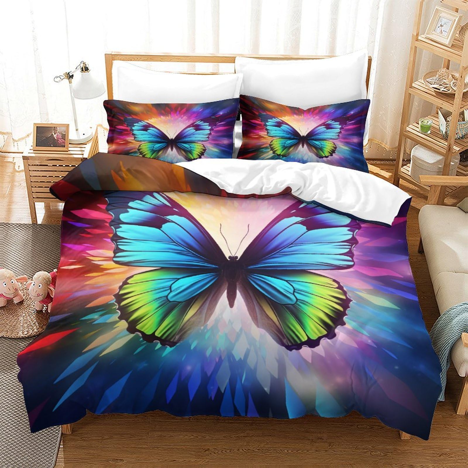 YYVKPMLXC Butterfly 3D Printed Duvet Cover Set,Fantasy Colorful Bedding Set Soft Microfiber Quilt Cover 3pcs, Comforter Cover with Zipper Closure For Kids Boys Teen Bedroom Double（200x200cm）